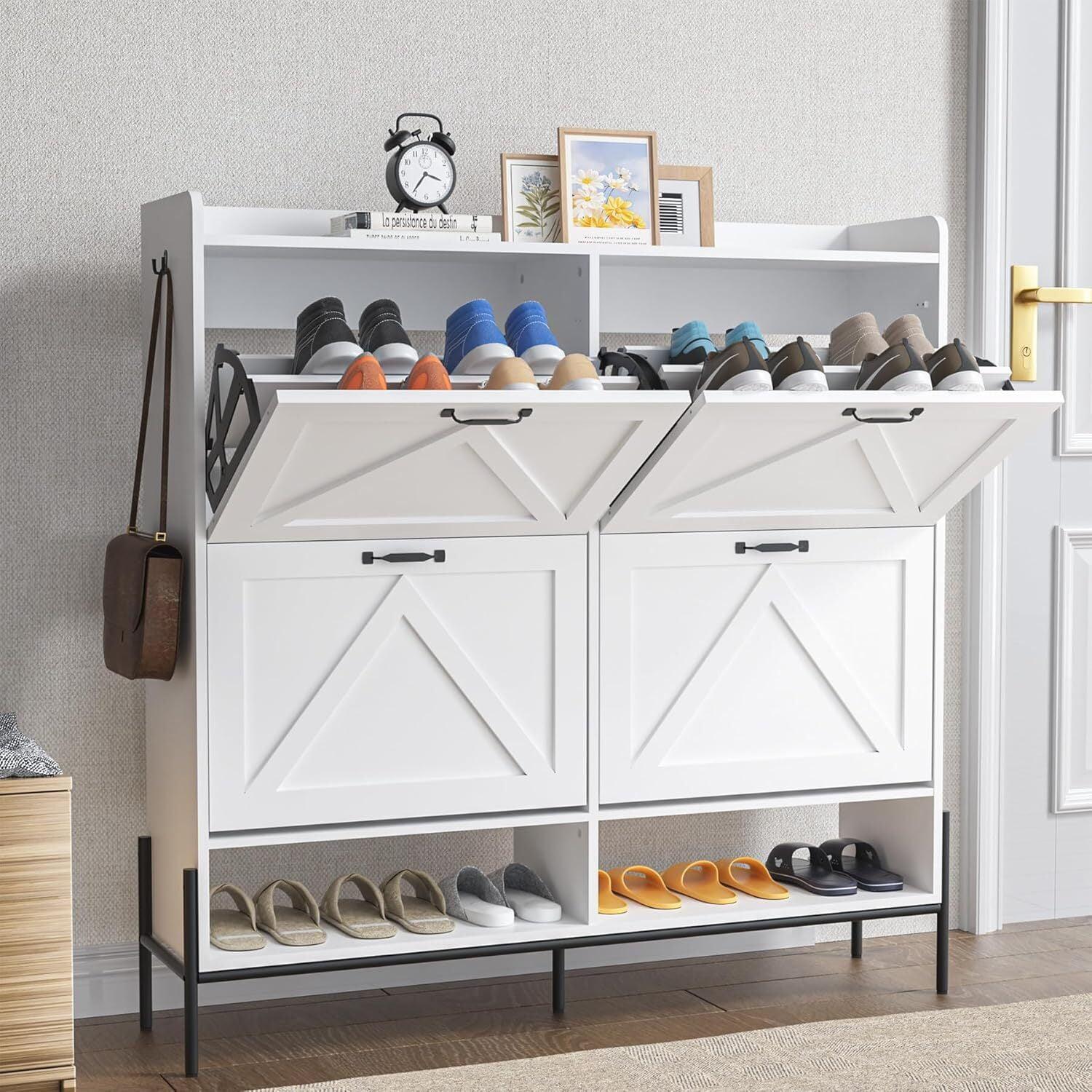 White Freestanding Shoe Cabinet with 4 Flip Drawers and Metal Legs