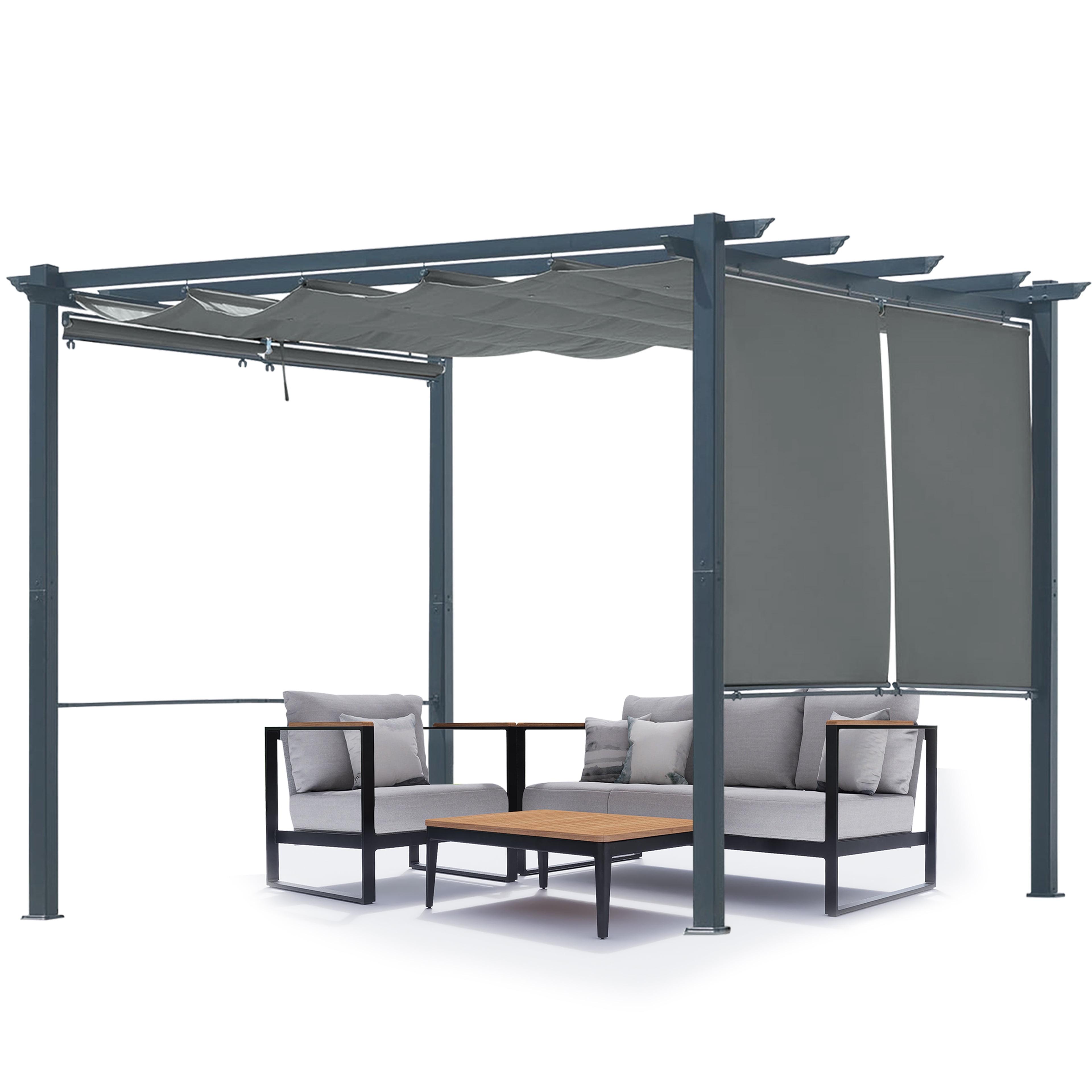 Aoodor 10 x 10 ft. Outdoor Pergola with Retractable Canopy and Sunshade Roller Curtains, Aluminum Frame Grape Trellis Pergola for Patio Backyard and Deck - Gray