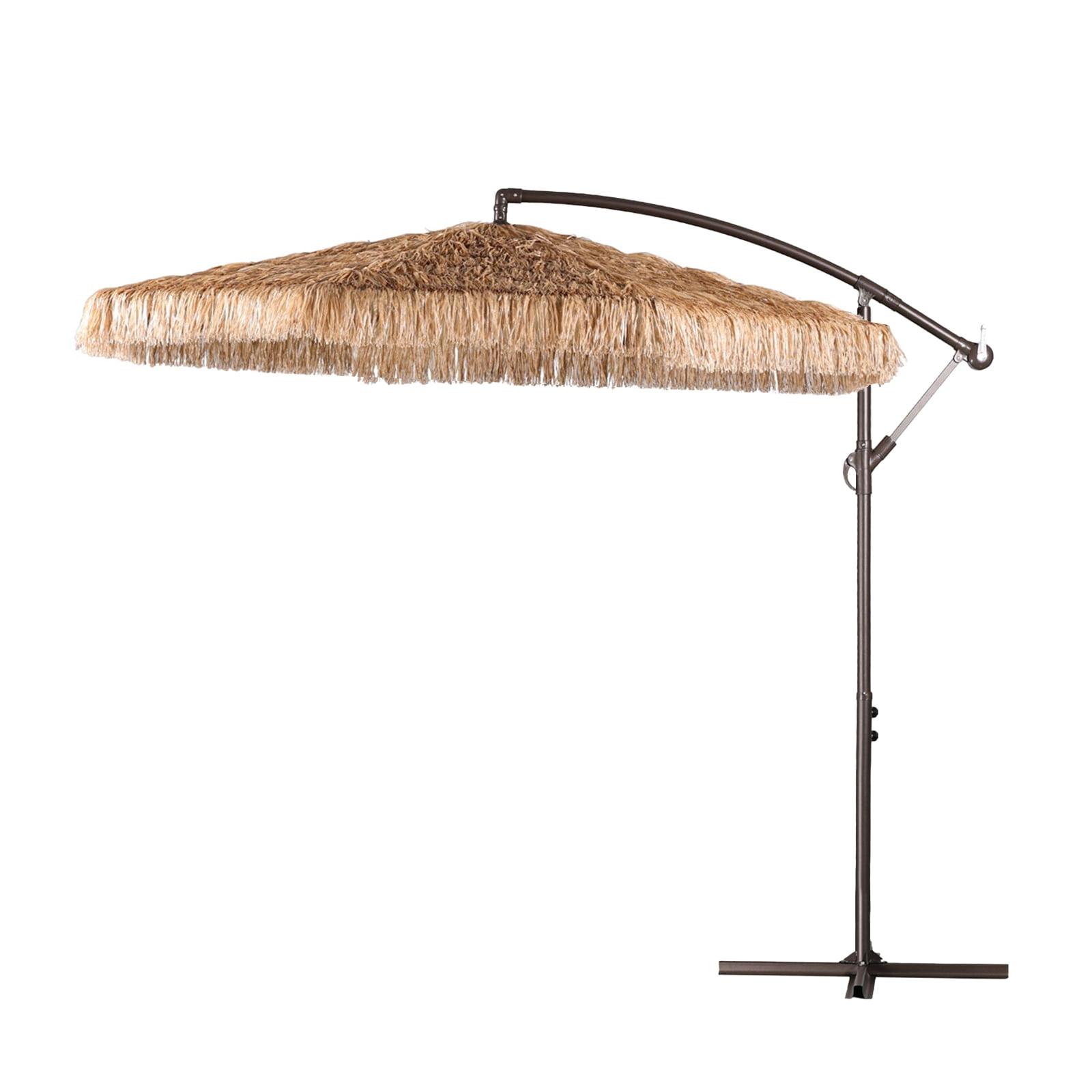 Aoodor 10FT Cantilever Tiki Thatch Patio Umbrella, Hand-Push Tilt Offset Umbrella for Outdoor, Natural Straw Look (No Base)
