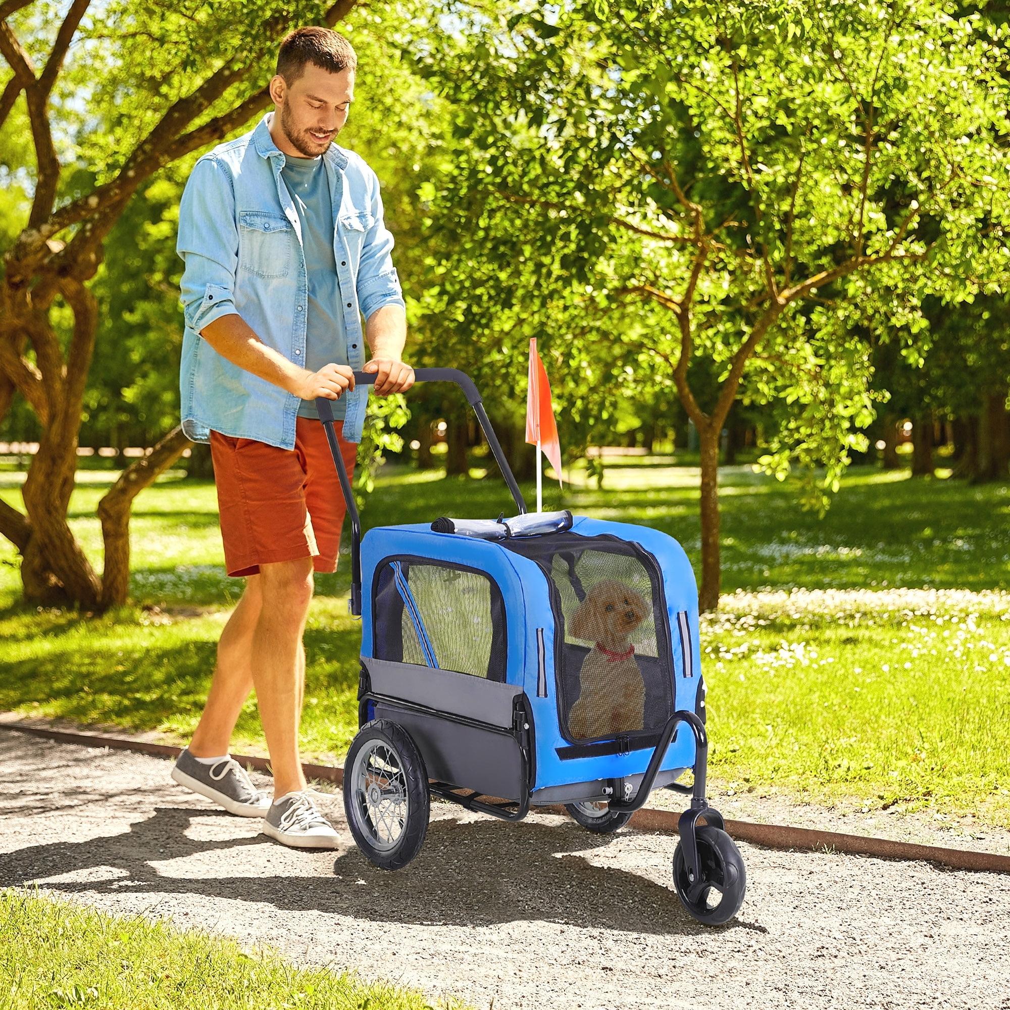 Blue 2-in-1 Small Dog Bike Trailer and Stroller with Safety Leash