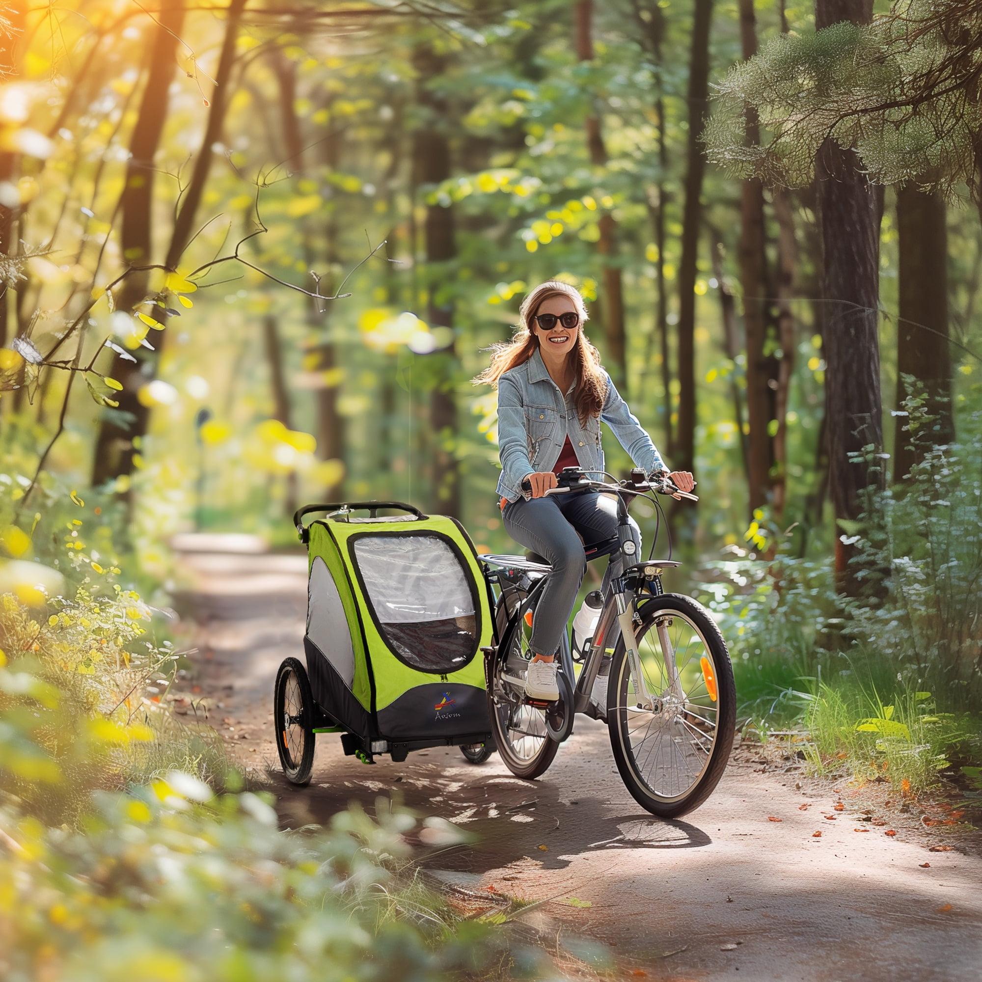 Green and Gray Foldable Bike Trailer Stroller with Rubber Tires