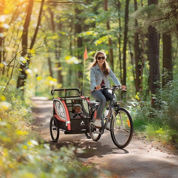 Aosom 3-in-1 Walk/Jog/Ride Child Baby Bike Trailer for Kids 2 Seater, Bike Stroller for Toddler Wagon, Double Bicycle Trailer Accessory for Kids, Red