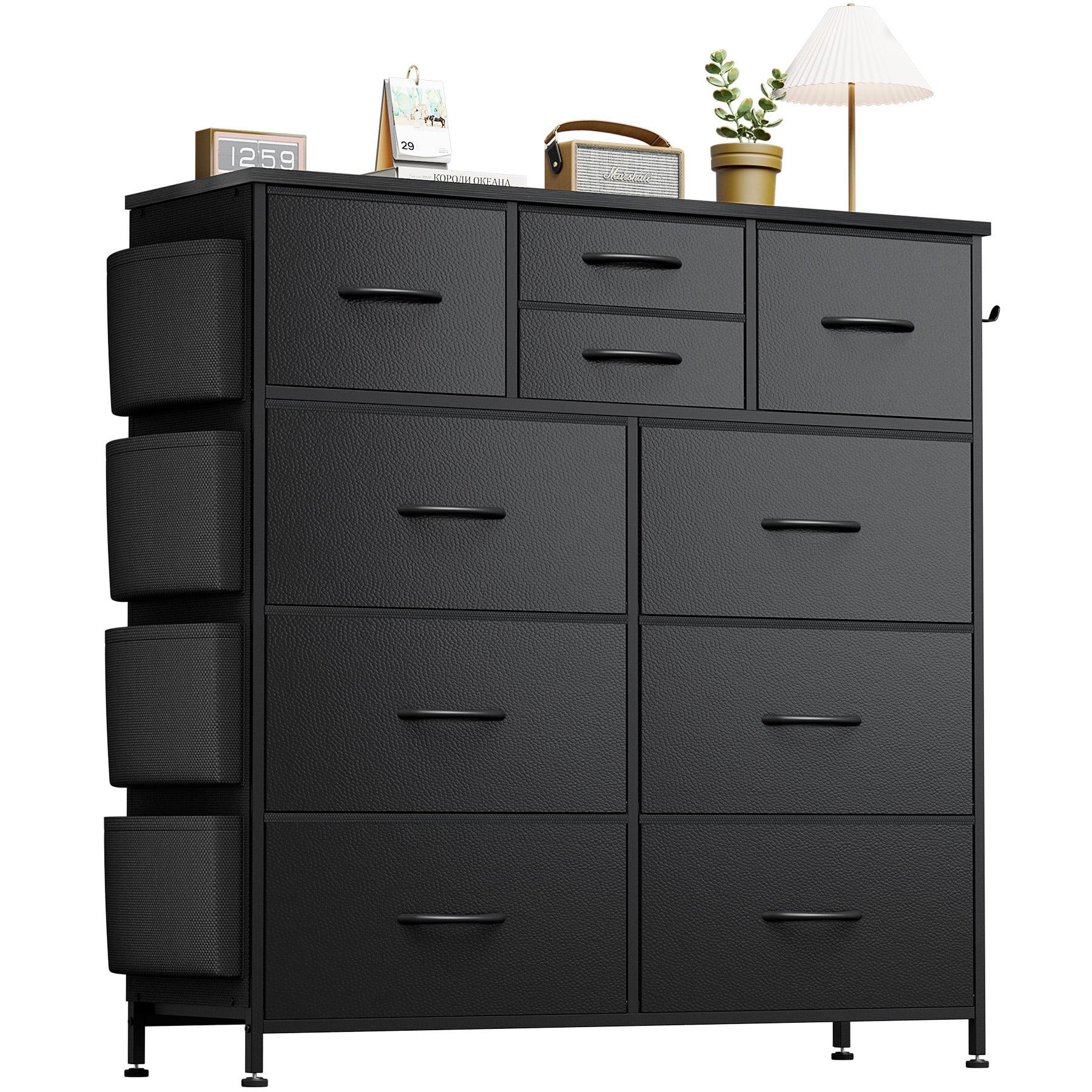 Aowos Black Dressers for Bedroom Chest of Drawers with 10 Drawers Leather Dresser Wood Top with 2 Hook 3 Side Pockets