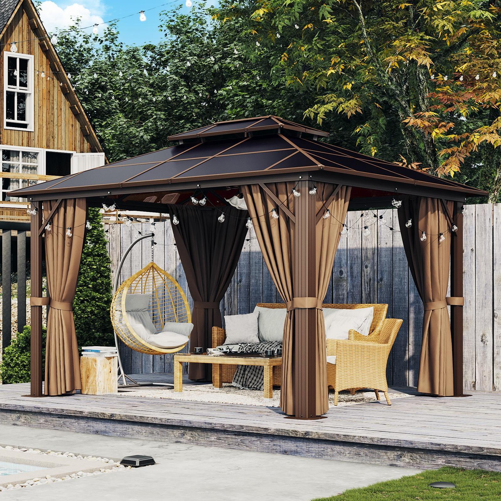 10 x 12 Brown Hardtop Gazebo with Curtains and Netting