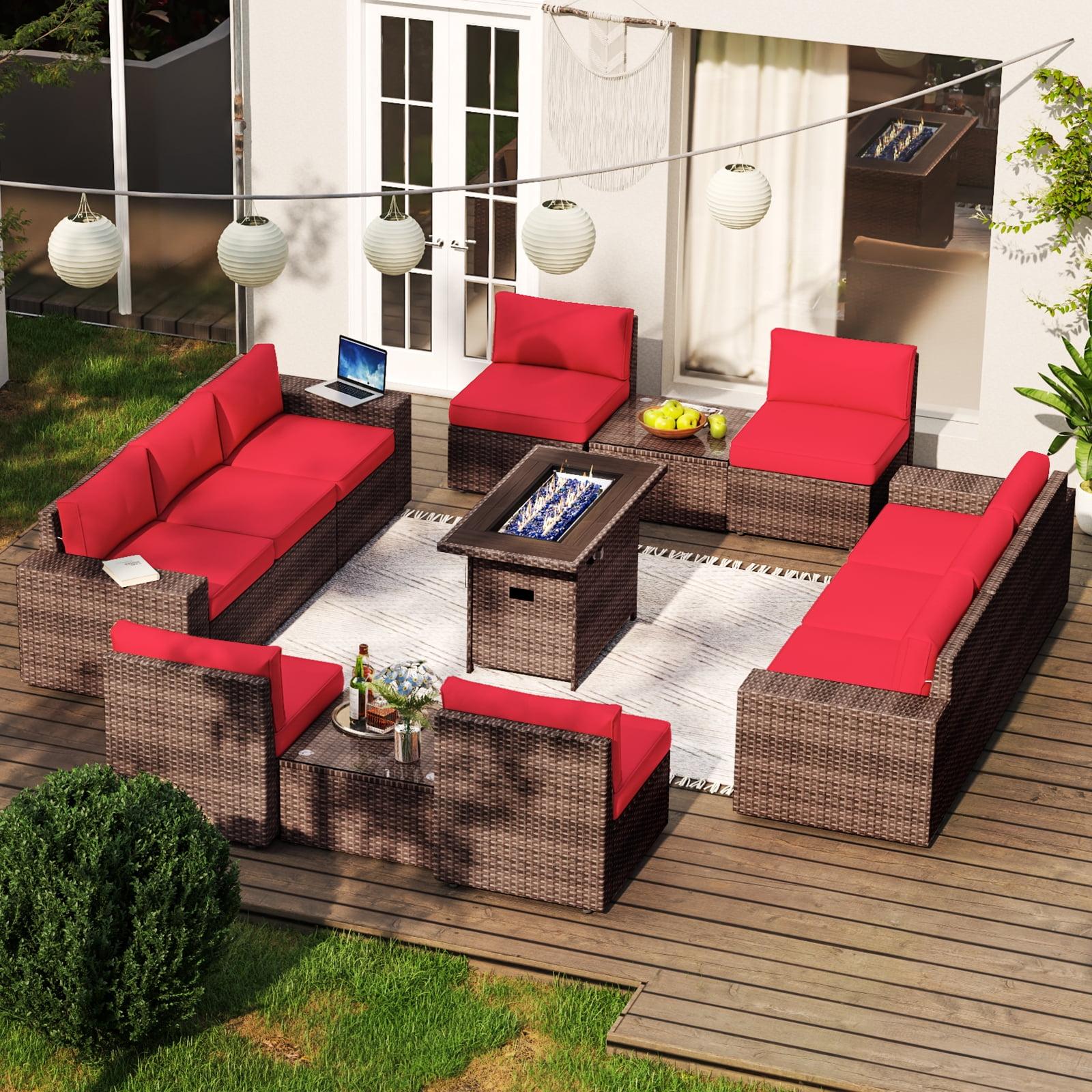 13-Piece Red Rattan Wicker Outdoor Sofa Set with Fire Pit Table