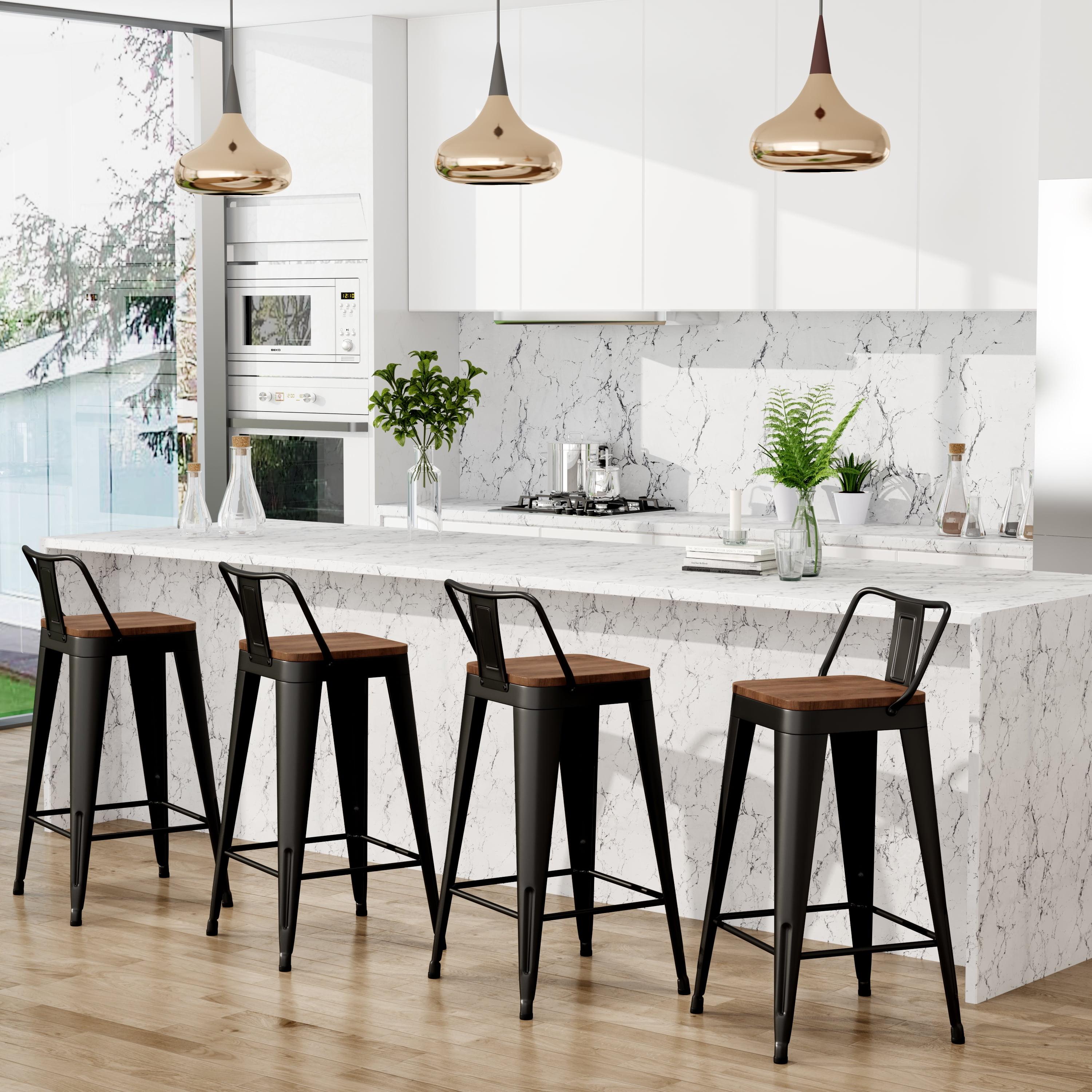 Bar Stools Set of 4 Metal Bar Stool Counter Height Bar Stools 26" Black Modern Bar Chairs with Back and Wooden Seat Bar Stools Counter Height