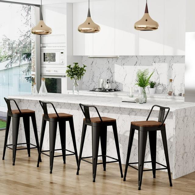 Bar Stools Set of 4 Metal Bar Stool Counter Height Bar Stools 26" Black Modern Bar Chairs with Back and Wooden Seat Bar Stools Counter Height