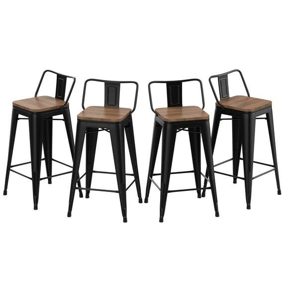 Bar Stools Set of 4 Metal Bar Stool Counter Height Bar Stools 26" Black Modern Bar Chairs with Back and Wooden Seat Bar Stools Counter Height