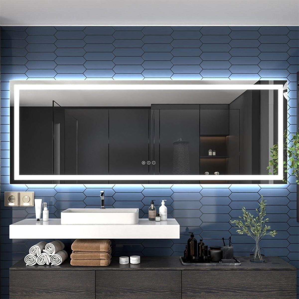 Apex 96" W x 36" H Dimmable LED Bathroom Mirror Anti-Fog Dual Lighting Tempered Glass