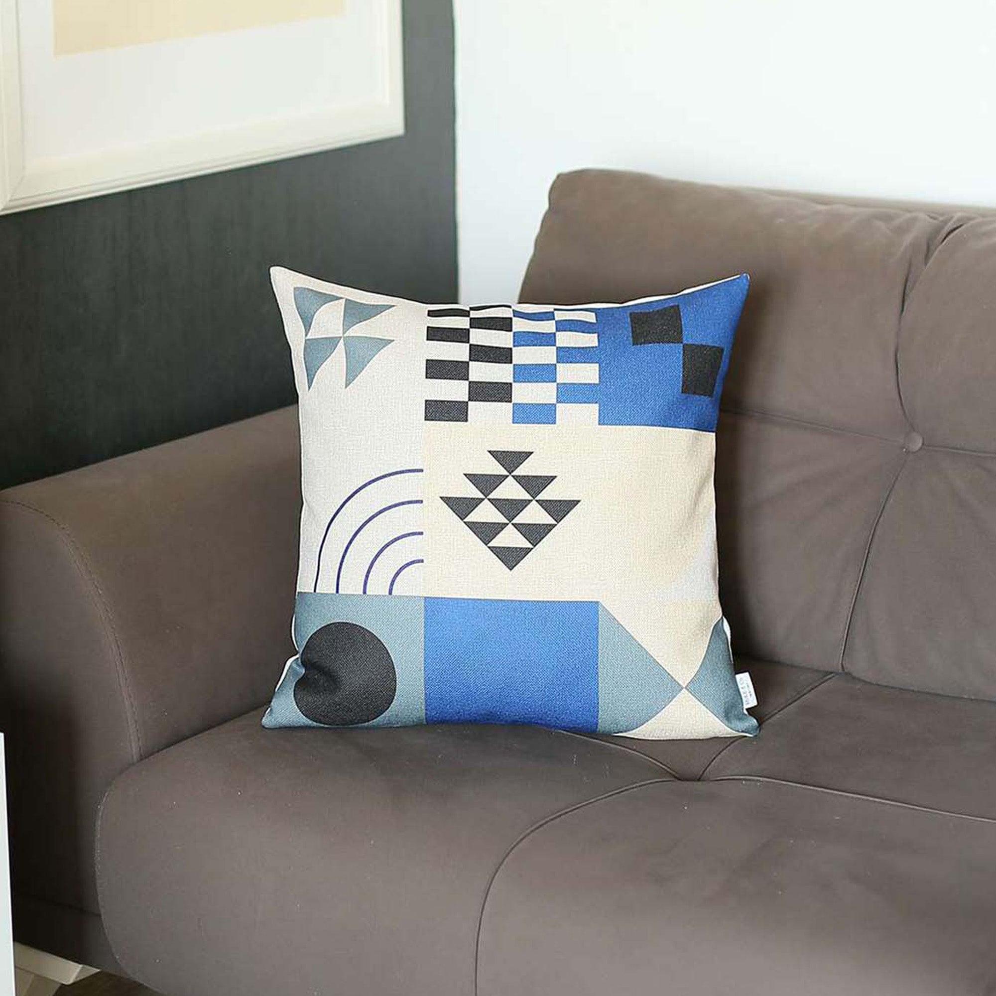 Boho-Chic Blue and Black Geometric Abstract 18" Pillow Cover