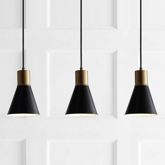 Apollo 33.5" 3-Light Mid-Century Modern Iron Adjustable Linear LED Pendant, Black/Brass Gold