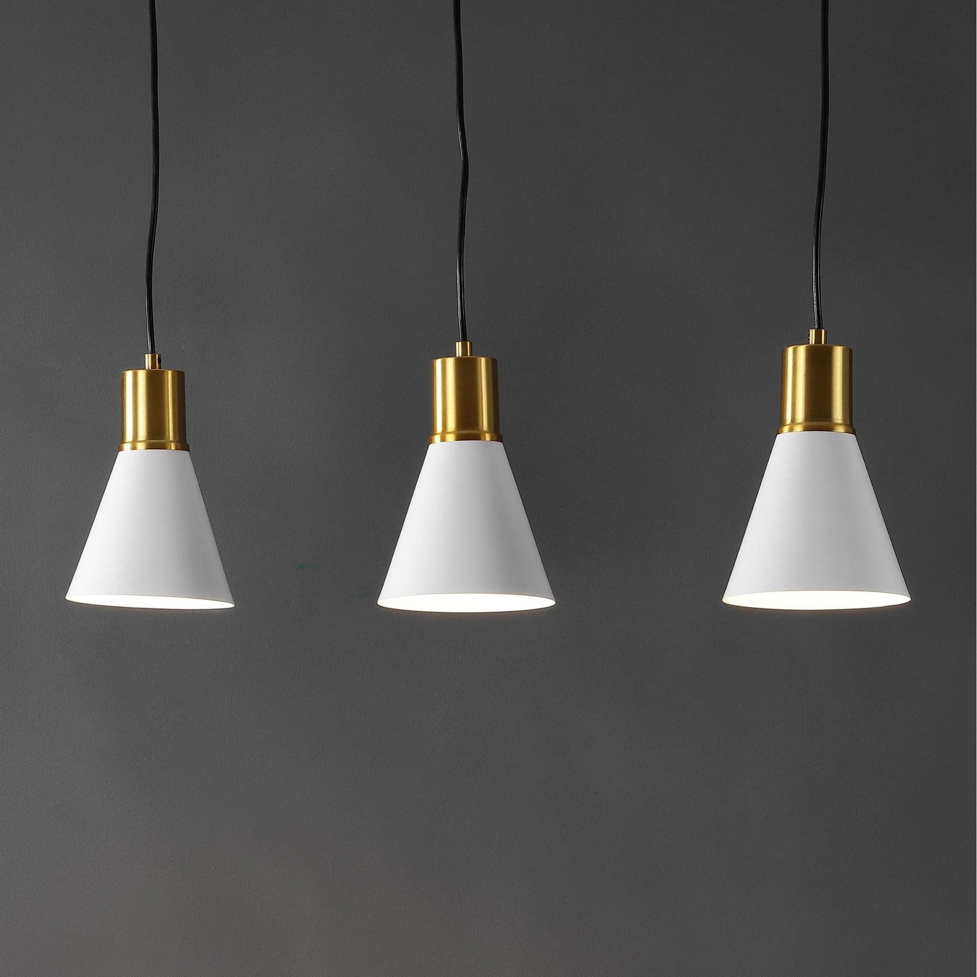 Apollo 33.5" 3-Light Mid-Century Modern Iron Adjustable Linear LED Pendant, White/Brass Gold