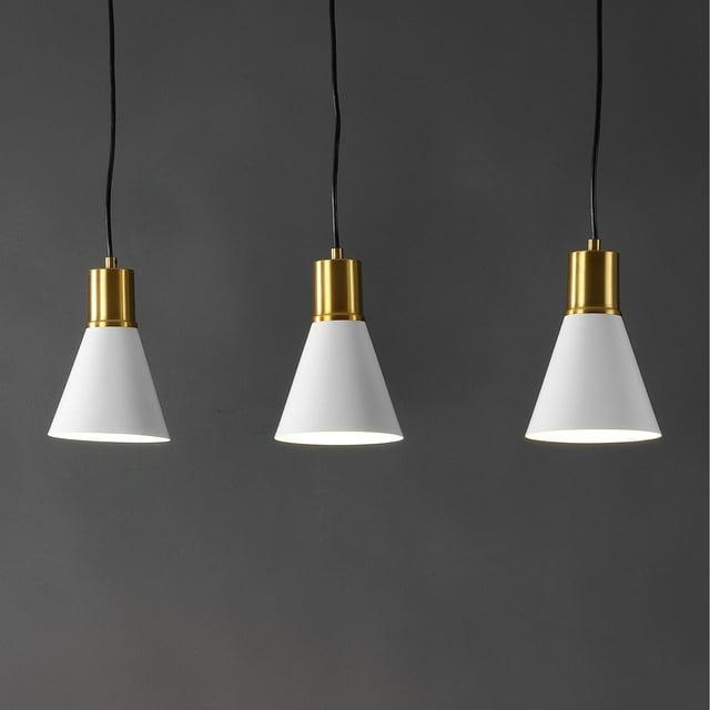Apollo 33.5" 3-Light Mid-Century Modern Iron Adjustable Linear LED Pendant, White/Brass Gold