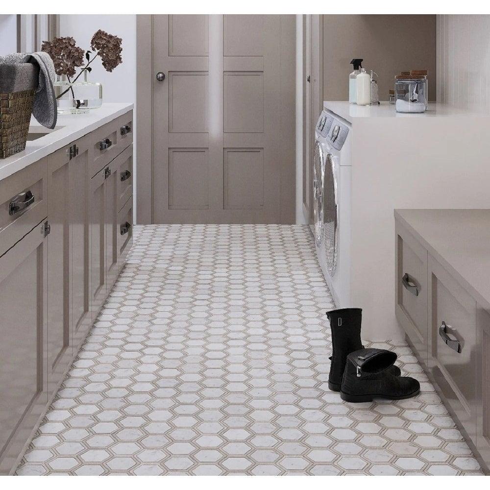 Apollo Tile 12 x 13.5 Bianco Carrara, Wooden Grey Marble Random Mosaic Tile