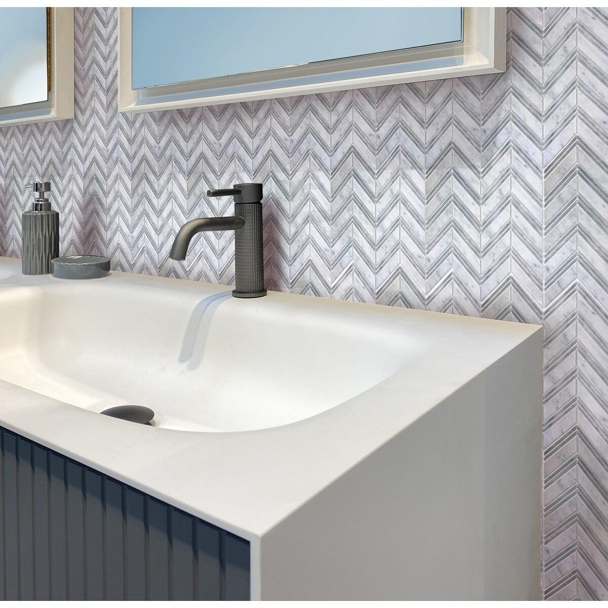 Gray and White Chevron Carrara Marble Mosaic Tile