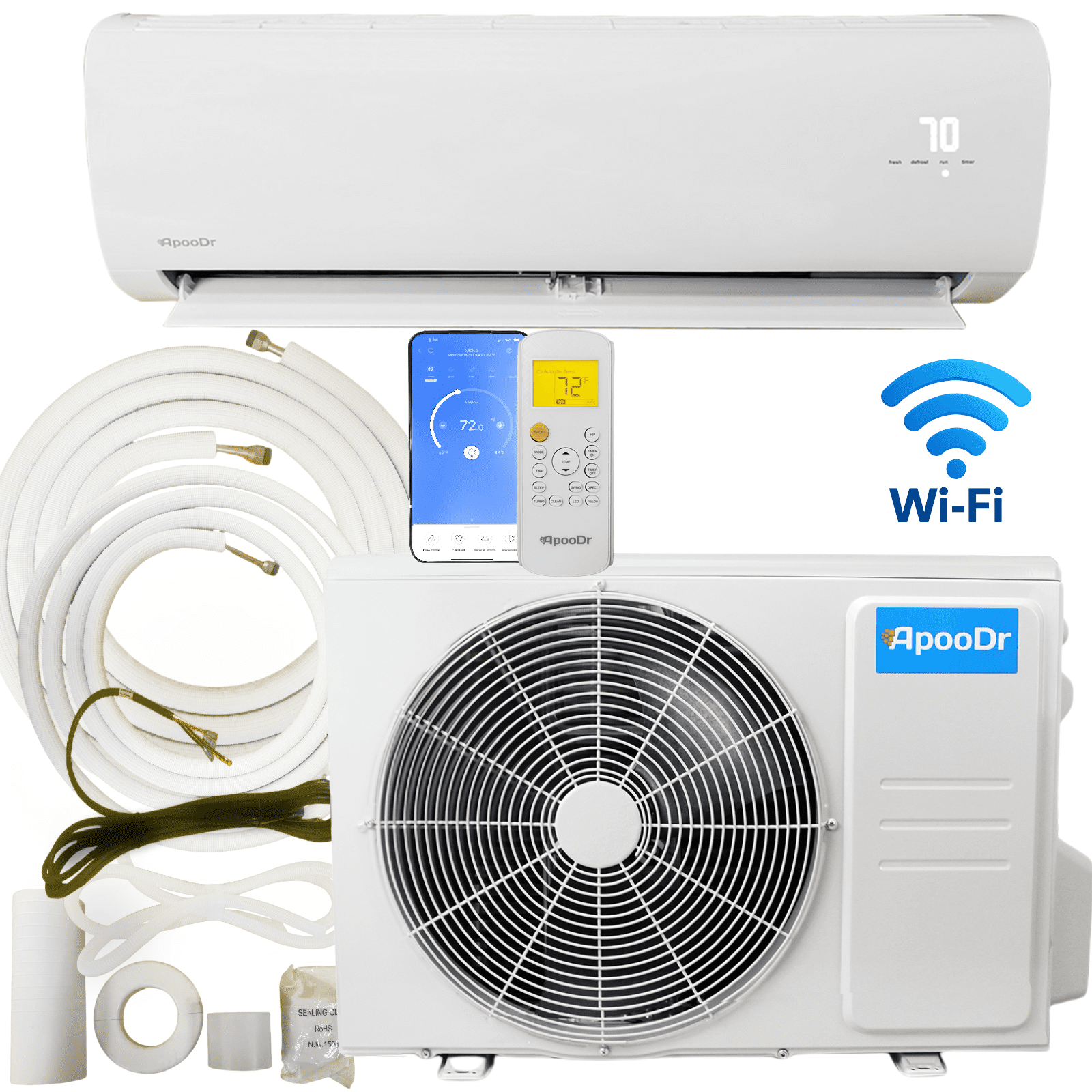 ApooDr ApooDr 12,000 BTU 17.6 SEER2, 230-Volt, Ductless Mini Split AC with Heat Pump, Wi-Fi, 16Ft. Lineset