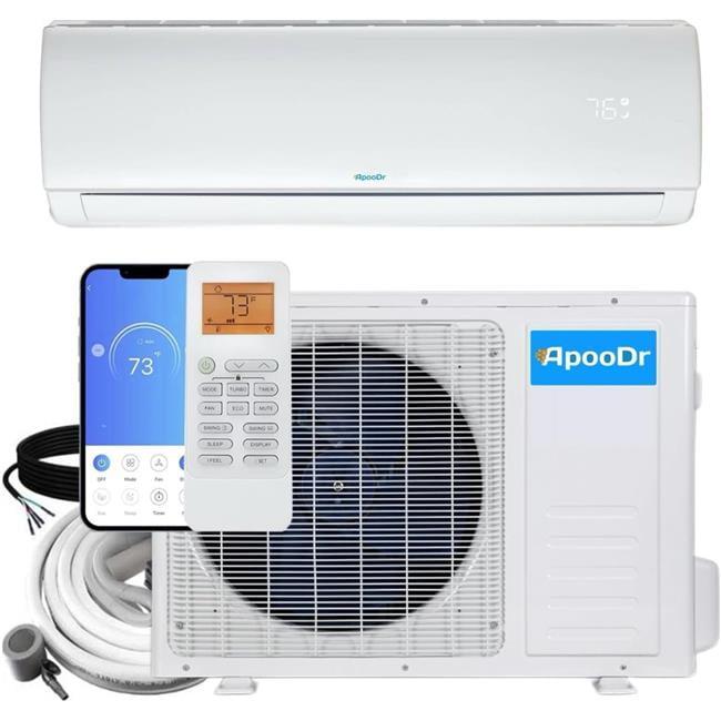 ApooDr 9,000 BTU White Ductless Mini Split AC with Heat Pump and Wi-Fi