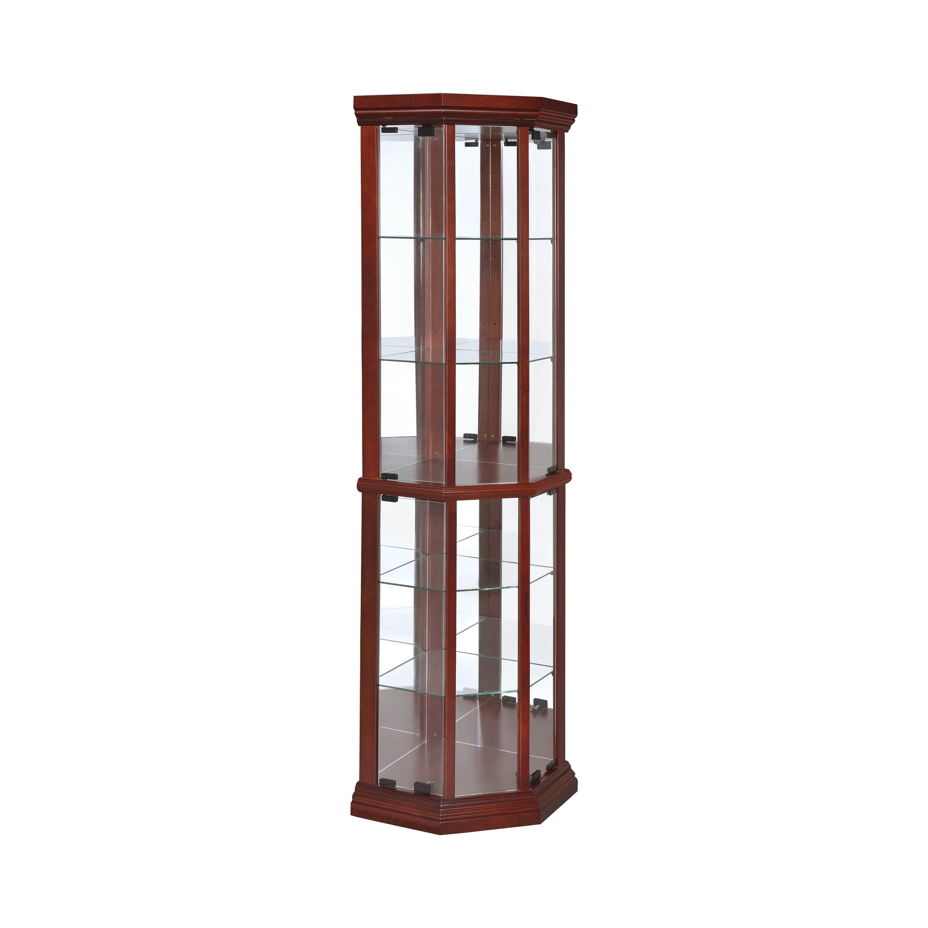 Medium Brown Lighted Corner Curio Cabinet with Glass Shelves