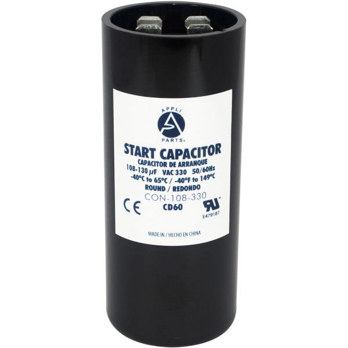 Appli Parts motor start capacitor 108-130 Mfd (microfarads) uF 330 VAC universal fit for electric motor applications 1-7/16 in Wide 3-3/8 in Height CON-108-330