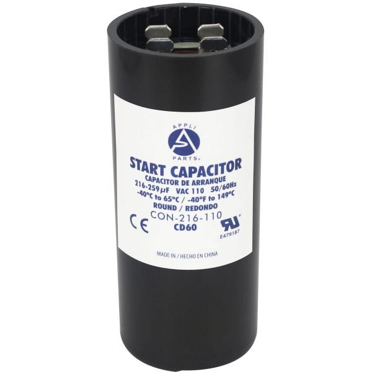 Appli Parts motor start capacitor 216-259 Mfd (microfarads) uF 110-125 VAC universal fit for electric motor applications 1-7/16 in Diameter 3-3/8 in Height CON-216-110