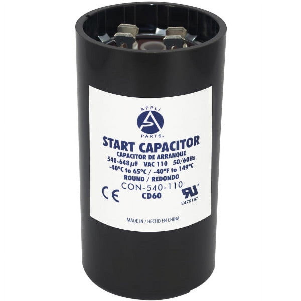 Appli Parts motor start capacitor 540-648 Mfd (microfarads) uF 110-125 VAC universal fit for electric motor applications 1-3/4 in Wide 3-3/8 in Height CON-540-110