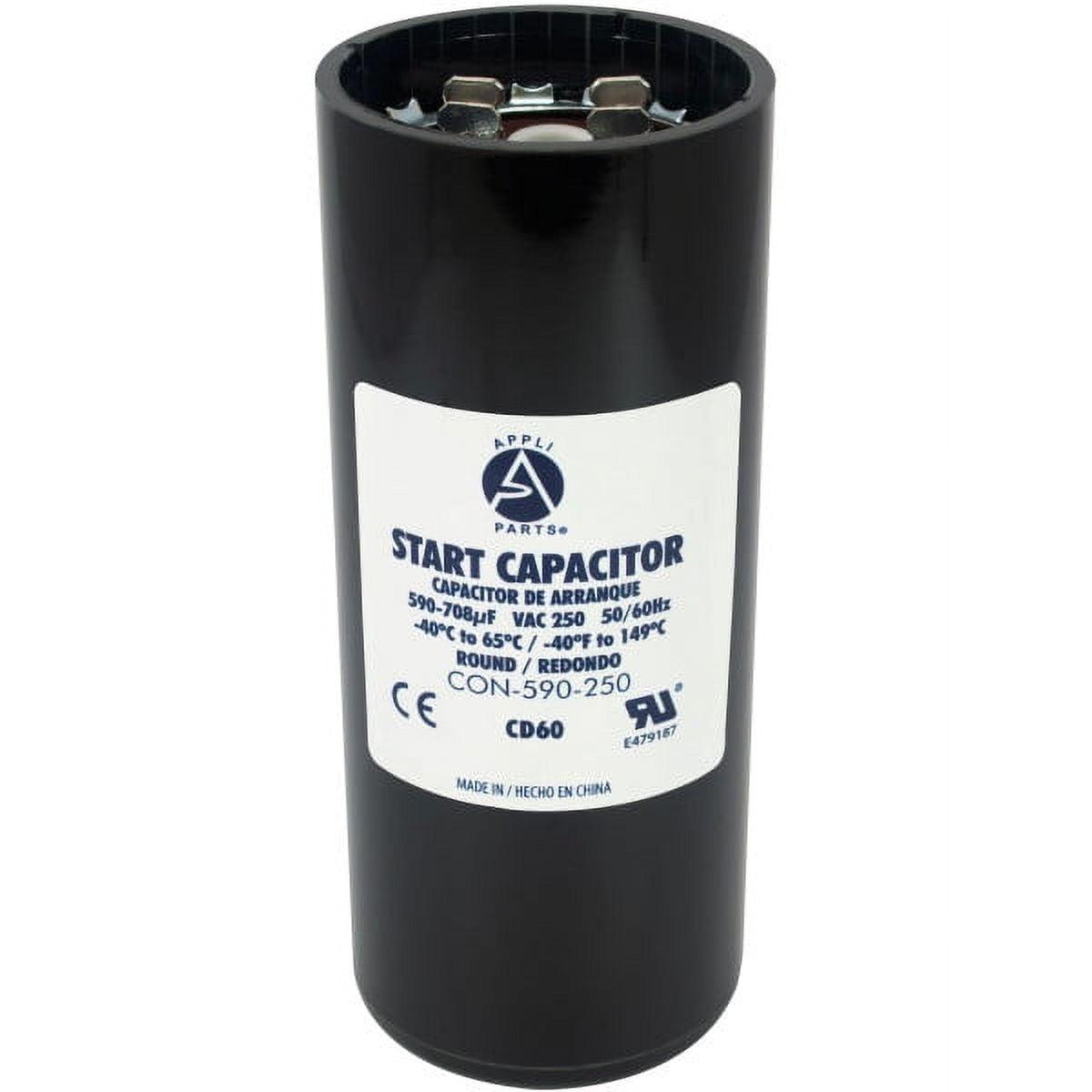 Appli Parts motor start capacitor 590-708 Mfd (microfarads) uF 250 VAC universal fit for electric motor applications 1-3/4 in Diameter 4-3/8 in Height CON-590-250