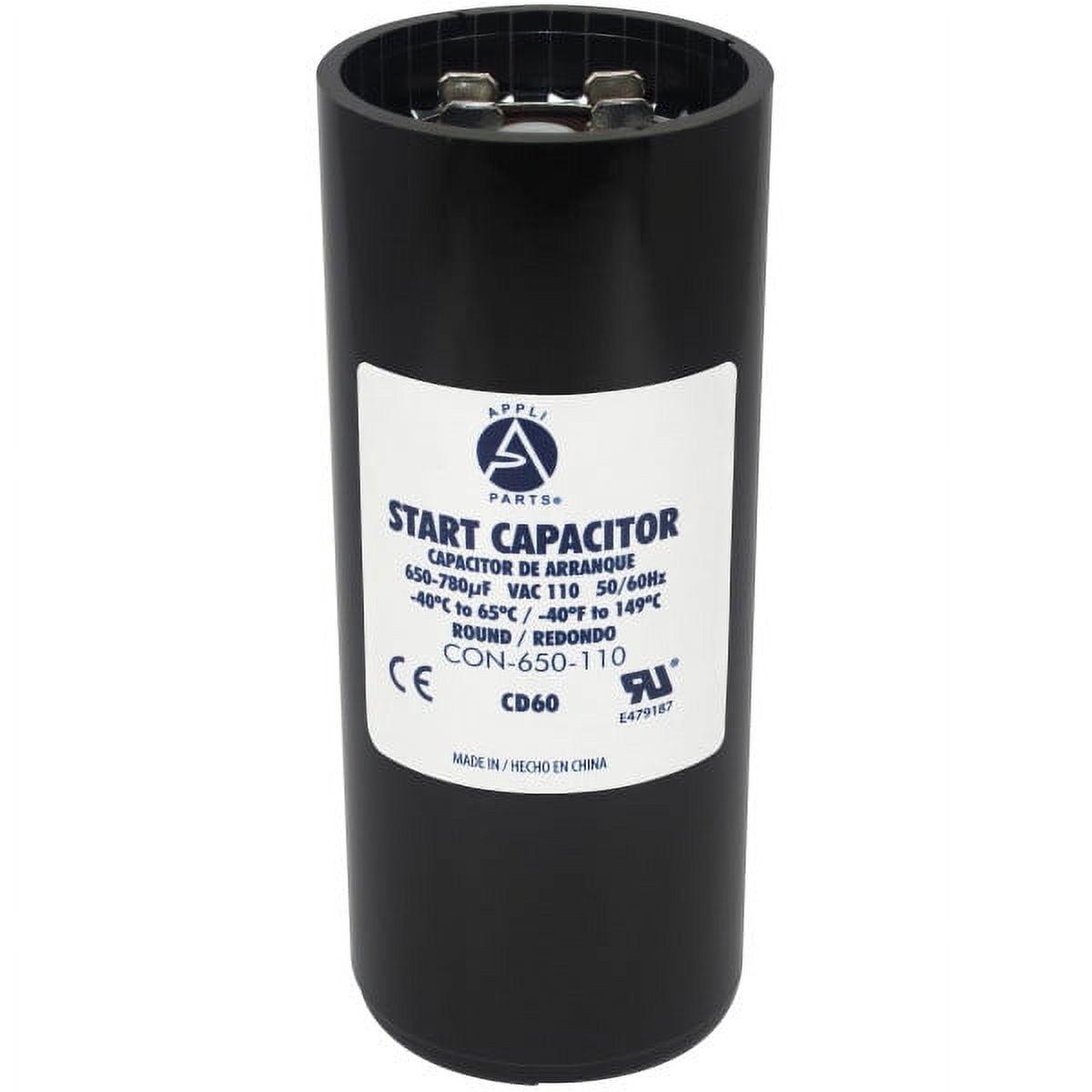 Appli Parts motor start capacitor 650-780 Mfd (microfarads) uF 110-125 VAC universal fit for electric motor applications 1-3/4 in Wide 4-3/8 in Height CON-650-110