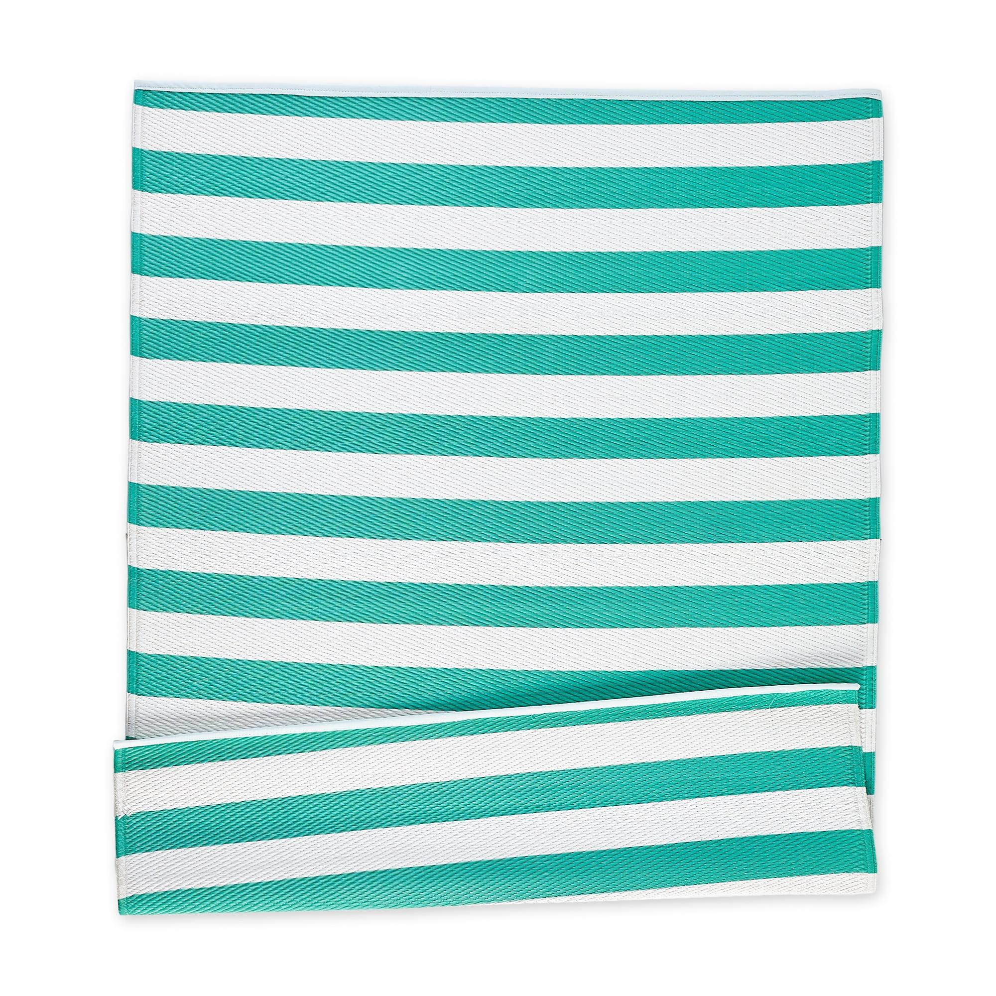 Reversible Aqua & White Striped Synthetic Outdoor Rug 4' x 6'