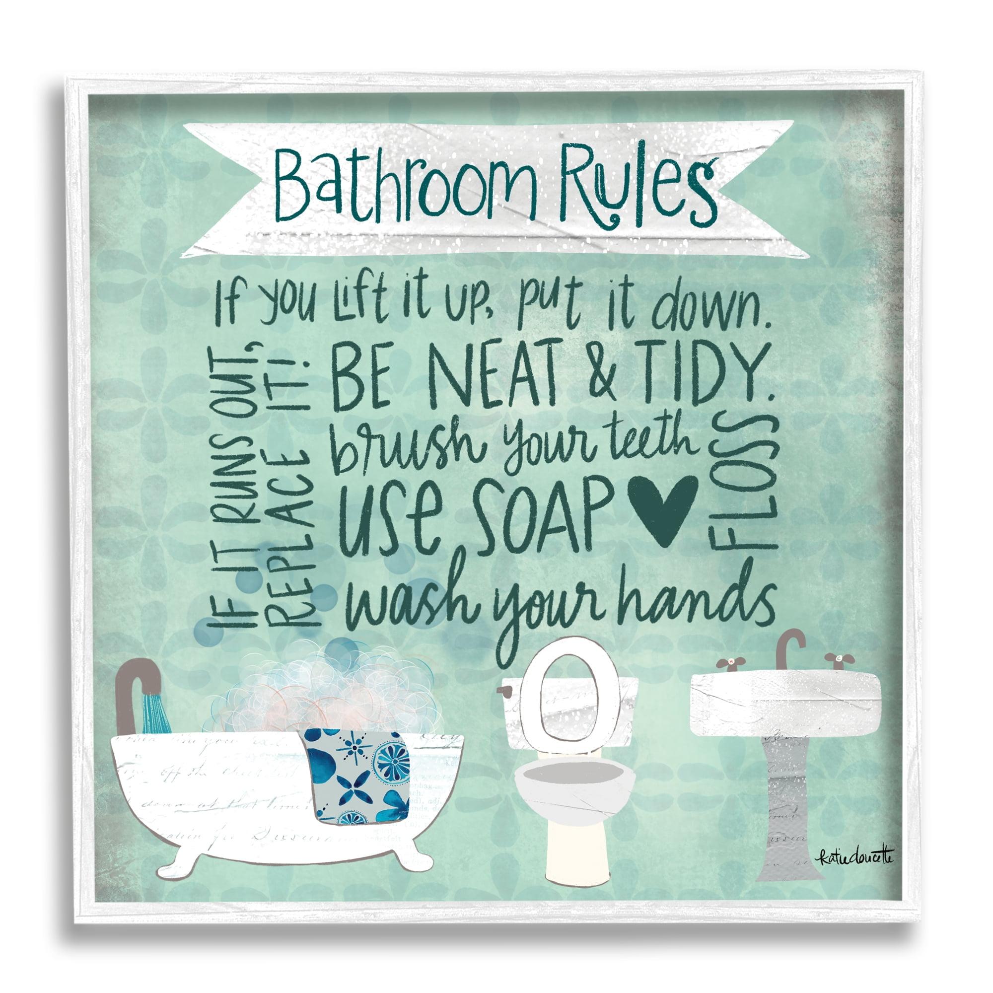Aqua Blue Bathroom Rules Collage Look Typography Typography Framed Art Print Wall Art, 17x17