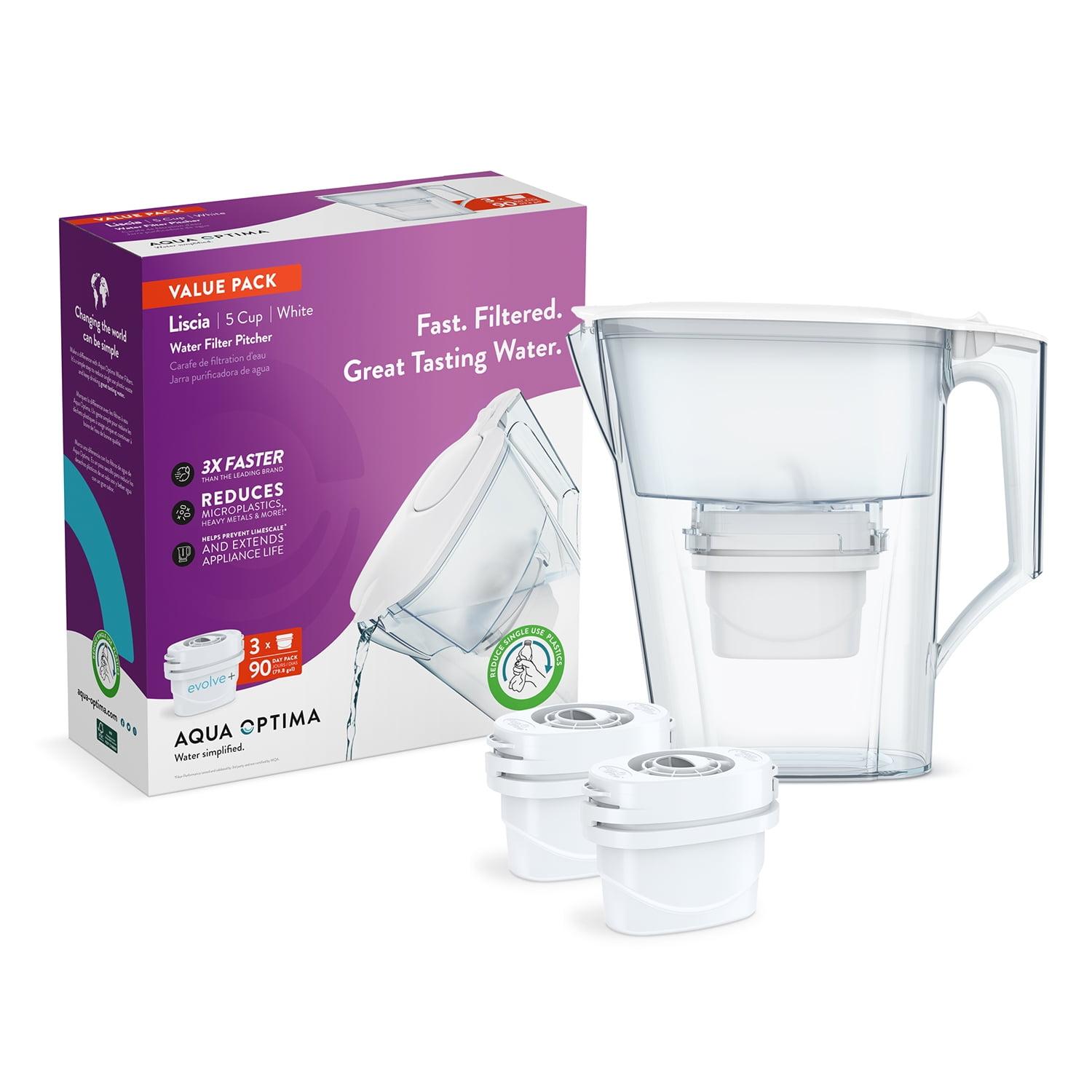 Aqua Optima Aqua Optima Water Filter Pitcher Value Pack For Tap And Drinking Water With 3 Evolve+ Filter, Bpa Free, Wqa Certified, Liscia Design (white)