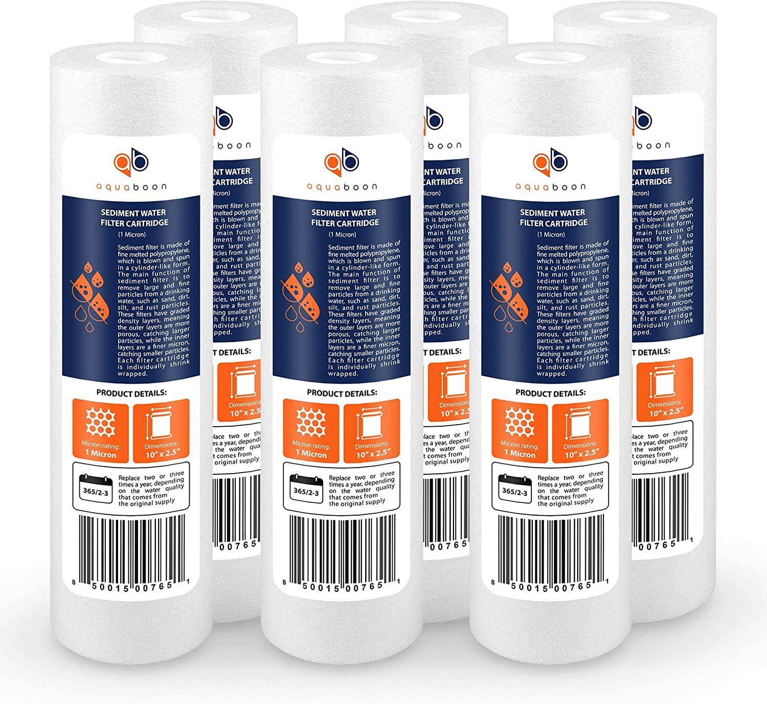 Aquaboon 6-Pack of 1 Micron 10" Sediment Water Filter Replacement Cartridge for Any Standard RO Unit | Whole House Sediment Filtration | Compatible with DuPont WFPFC5002, Pentek DGD series, RFC