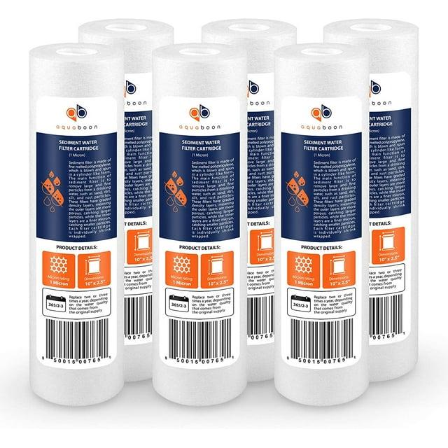 Aquaboon 6-Pack of 1 Micron 10" Sediment Water Filter Replacement Cartridge for Any Standard RO Unit | Whole House Sediment Filtration | Compatible with DuPont WFPFC5002, Pentek DGD series, RFC
