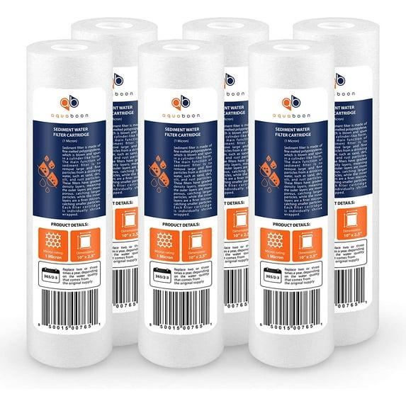 Aquaboon 6-Pack of 1 Micron 10" Sediment Water Filter Replacement Cartridge for Any Standard RO Unit | Whole House Sediment Filtration | Compatible with DuPont WFPFC5002, Pentek DGD series, RFC