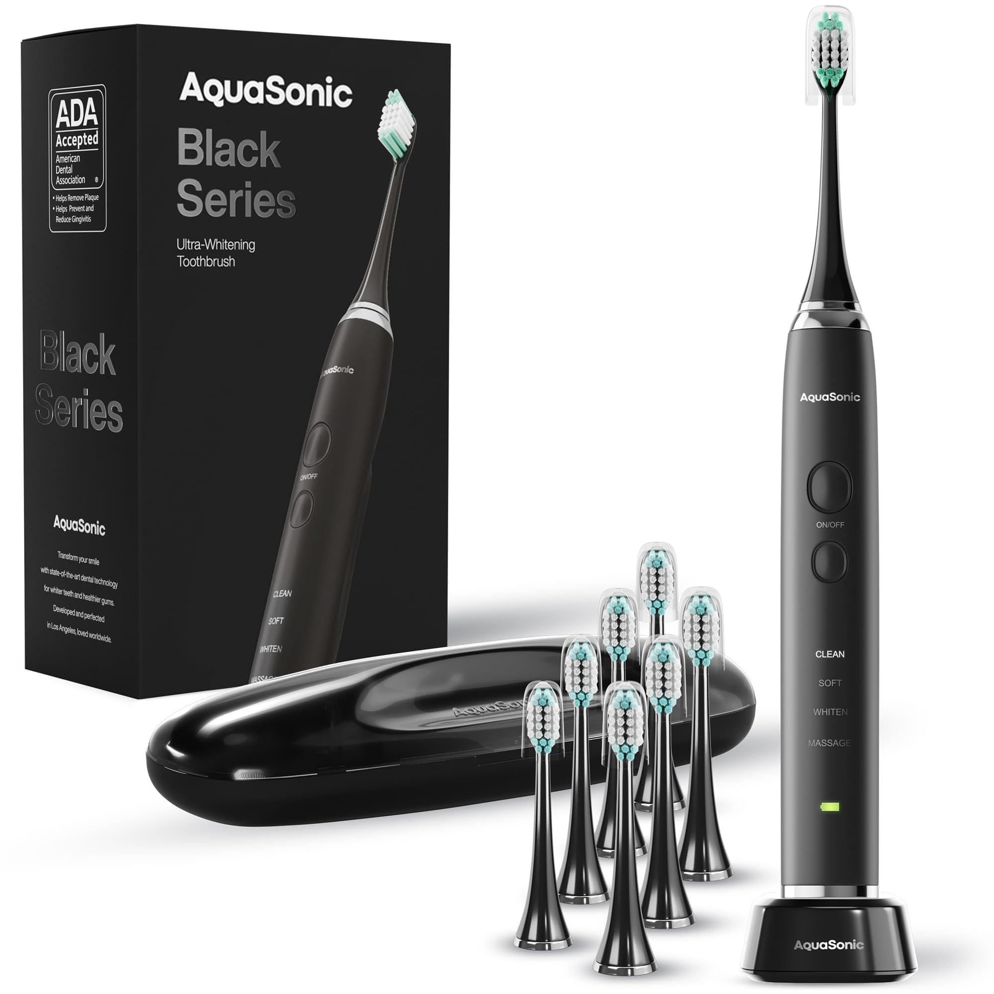 AquaSonic Black Series Electric Toothbrush - Rechargeable, 4 Modes, Travel Case, 8 Brush Heads
