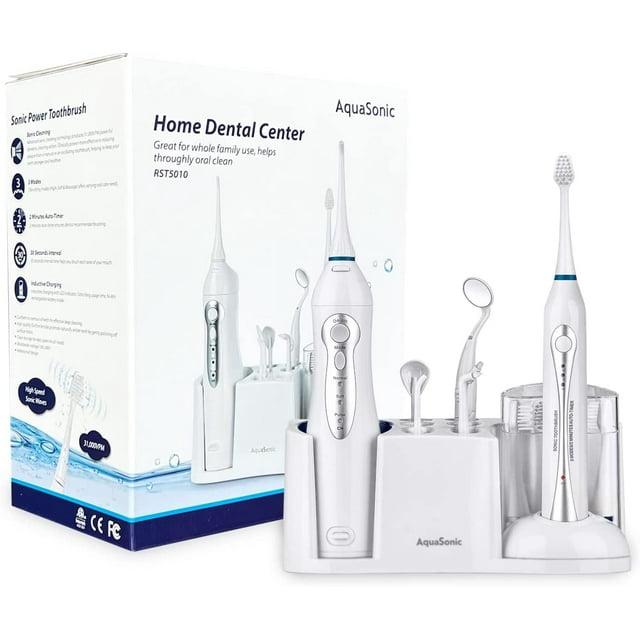 Aquasonic Home Dental Center - Electric Sonic Toothbrush & Smart Water Flosser Combo, 3 Cleaning Modes, Inductive Charging, Auto Timer, Complete Oral Care Kit for Family (White)