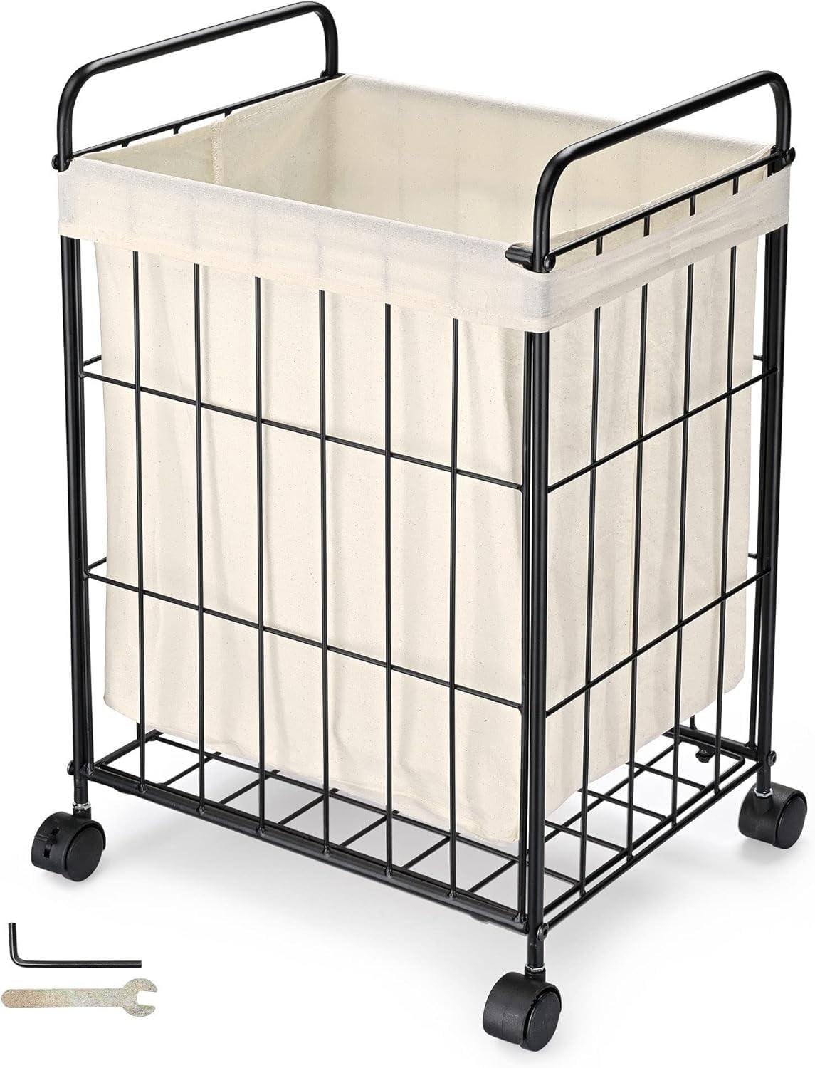 Laundry hamper with lid and wheels, laundry hamper with handle and removable liner bag, laundry hamper with metal frame, easy to assemble