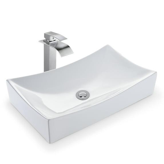 Aquaterior Rectangle White Porcelain Ceramic Bathroom Vessel Sink Bowl Basin with Chrome Drain 26"x15-5/8"x5-1/3"