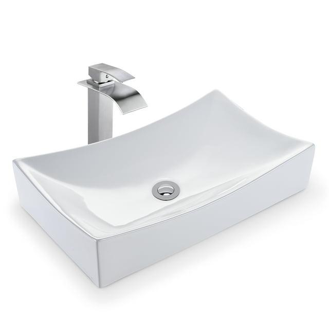 Aquaterior Rectangle White Porcelain Ceramic Bathroom Vessel Sink Bowl Basin with Chrome Drain 26"x15-5/8"x5-1/3"