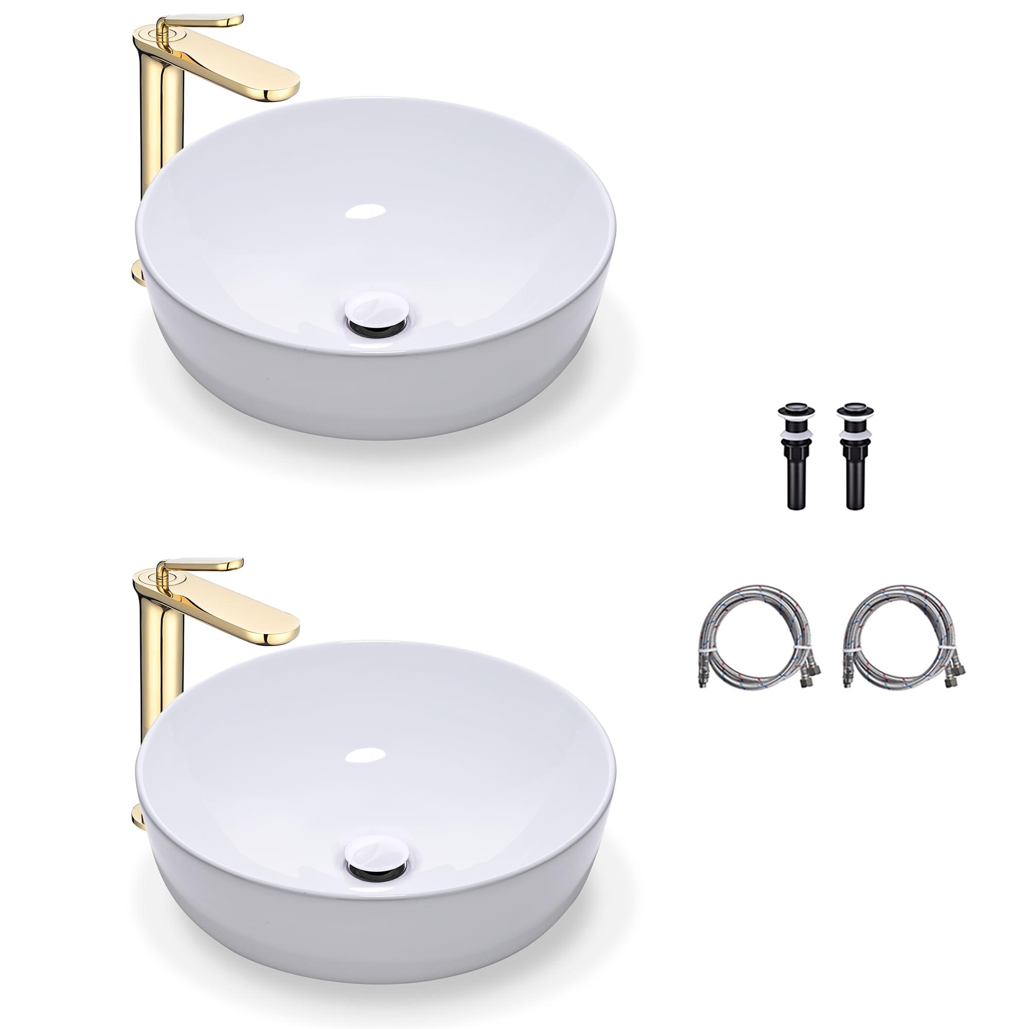 White Ceramic Round Vessel Sink with Gold Faucet Set of 2