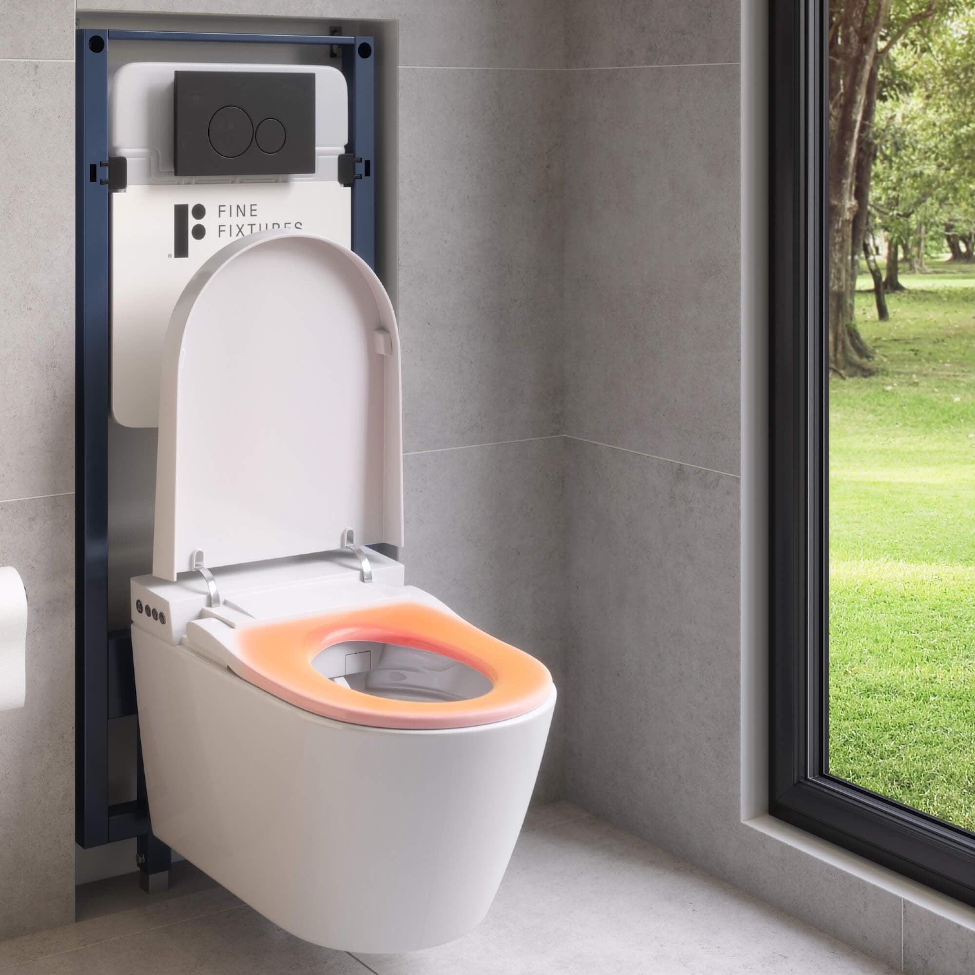 White Smart Wall-Mounted Toilet with Bidet Seat and Chrome Push Buttons