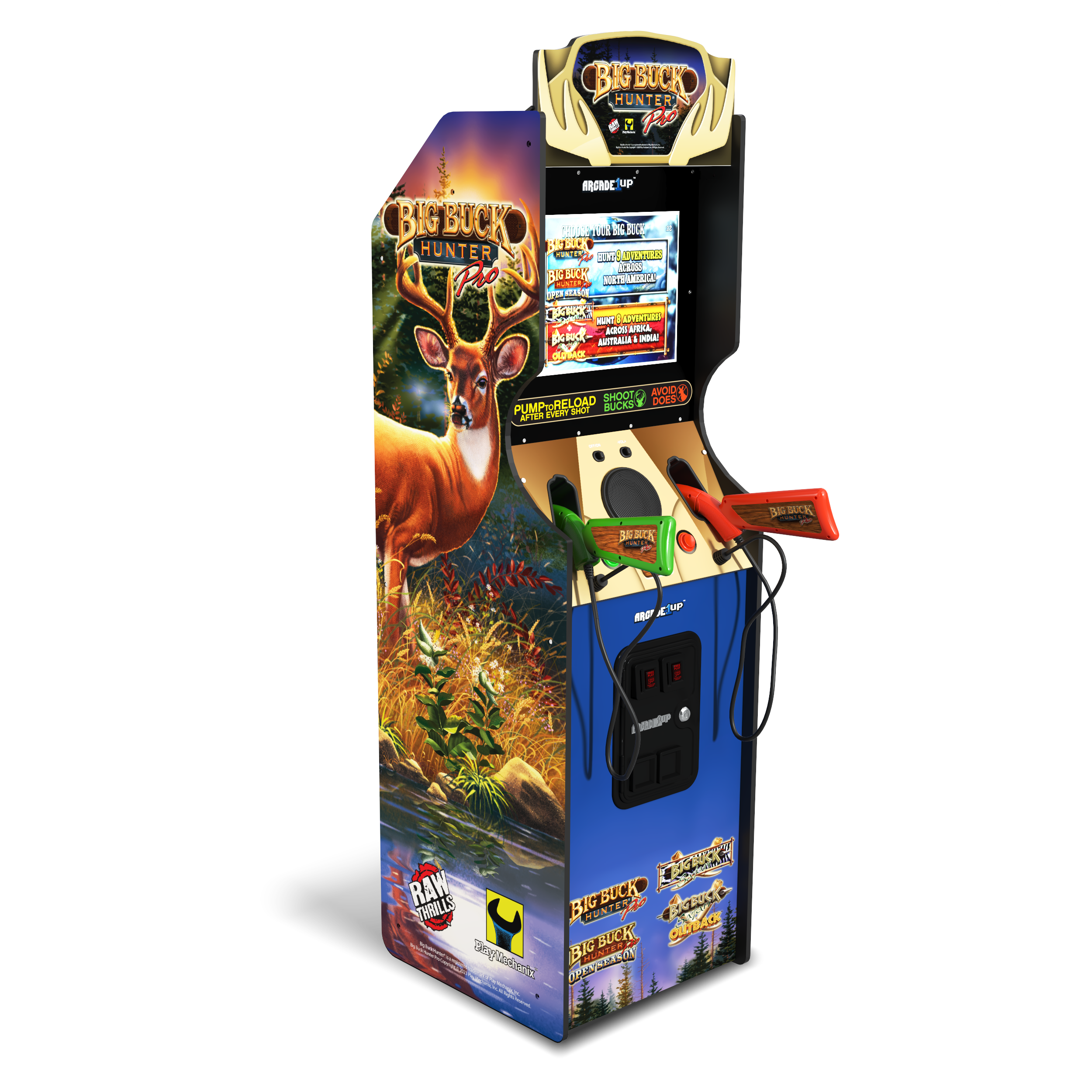 Arcade1Up Máquina Arcade Big Hunter Pro Deluxe, Gabinete Vertical de 5 Pies, 4 Juegos, Pantalla de 17 Pulgadas, Rifle de Acción con 2 Bombas Ligeras Incluido