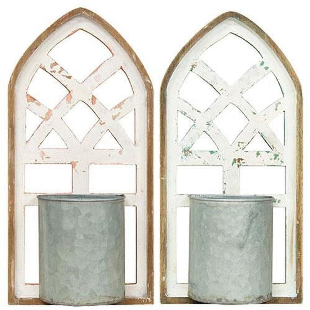 Distressed White and Pink Arched Wood Wall Planters with Galvanized Metal Containers, Set of 2