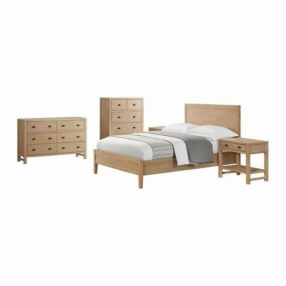 Arden 5-Piece Bedroom Set - Queen Bed, Two 2-Drawer Nightstands, 5-Drawer Chest, 6-Drawer Double Dresser, Solid Pine Wood, Light Driftwood Finish, Modern Rustic Style