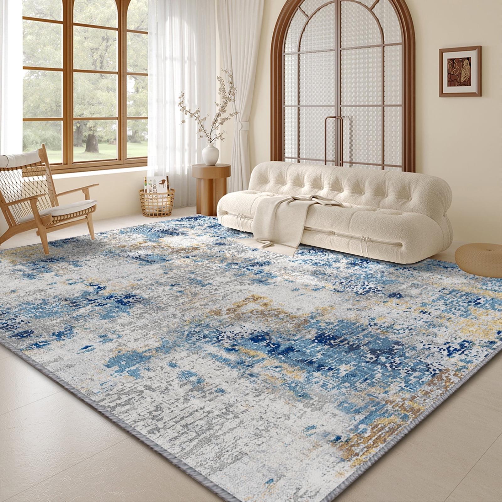 Blue Abstract 9' x 12' Washable Synthetic Area Rug