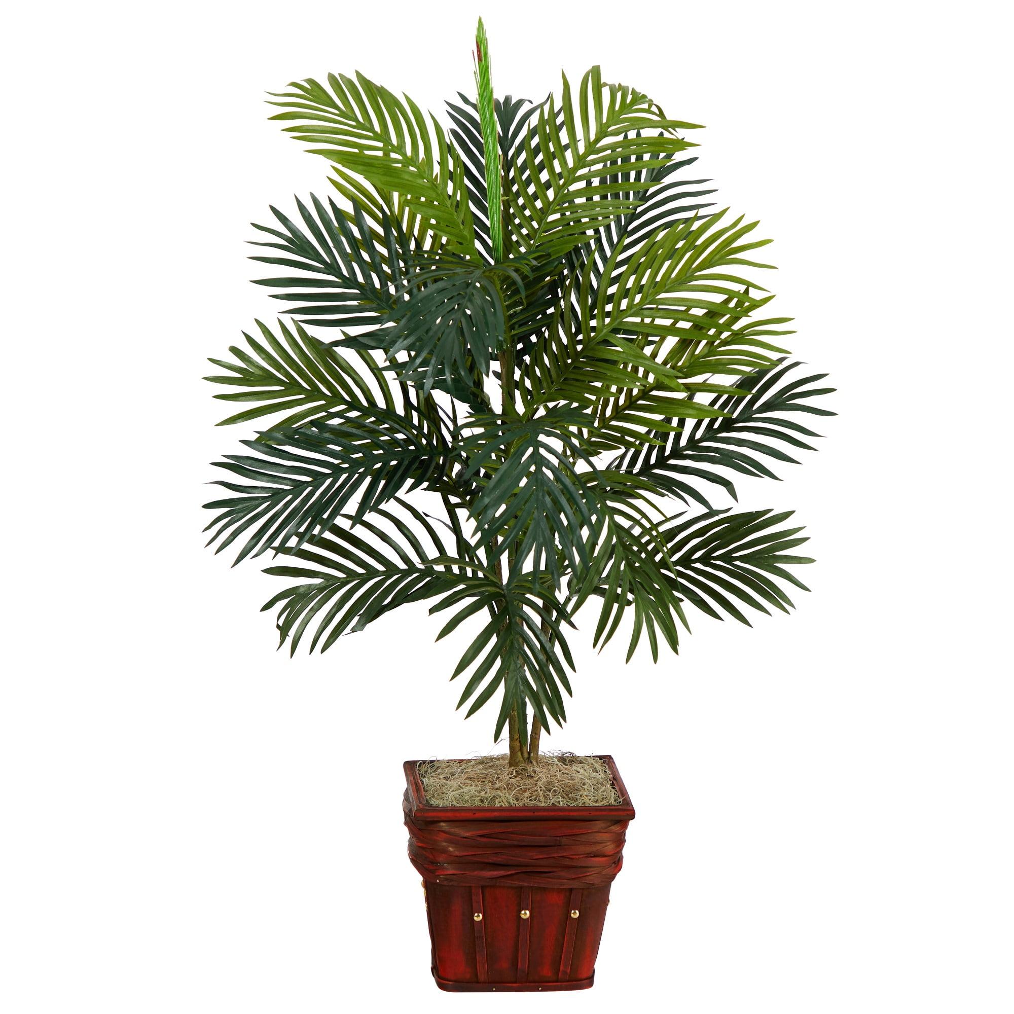 Nearly Natural 3.1' Artificial Areca Palm with Wicker Basket: Indoor Faux Floor Plant, Polyester & Plastic