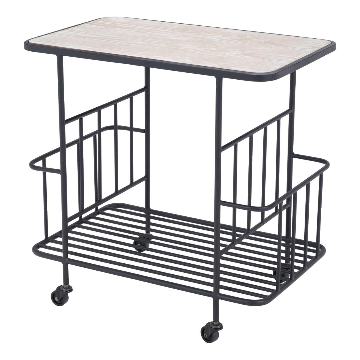 Argus Bar Cart Black Wood Top Rolling Storage Beverage Serving Table 4 Casters