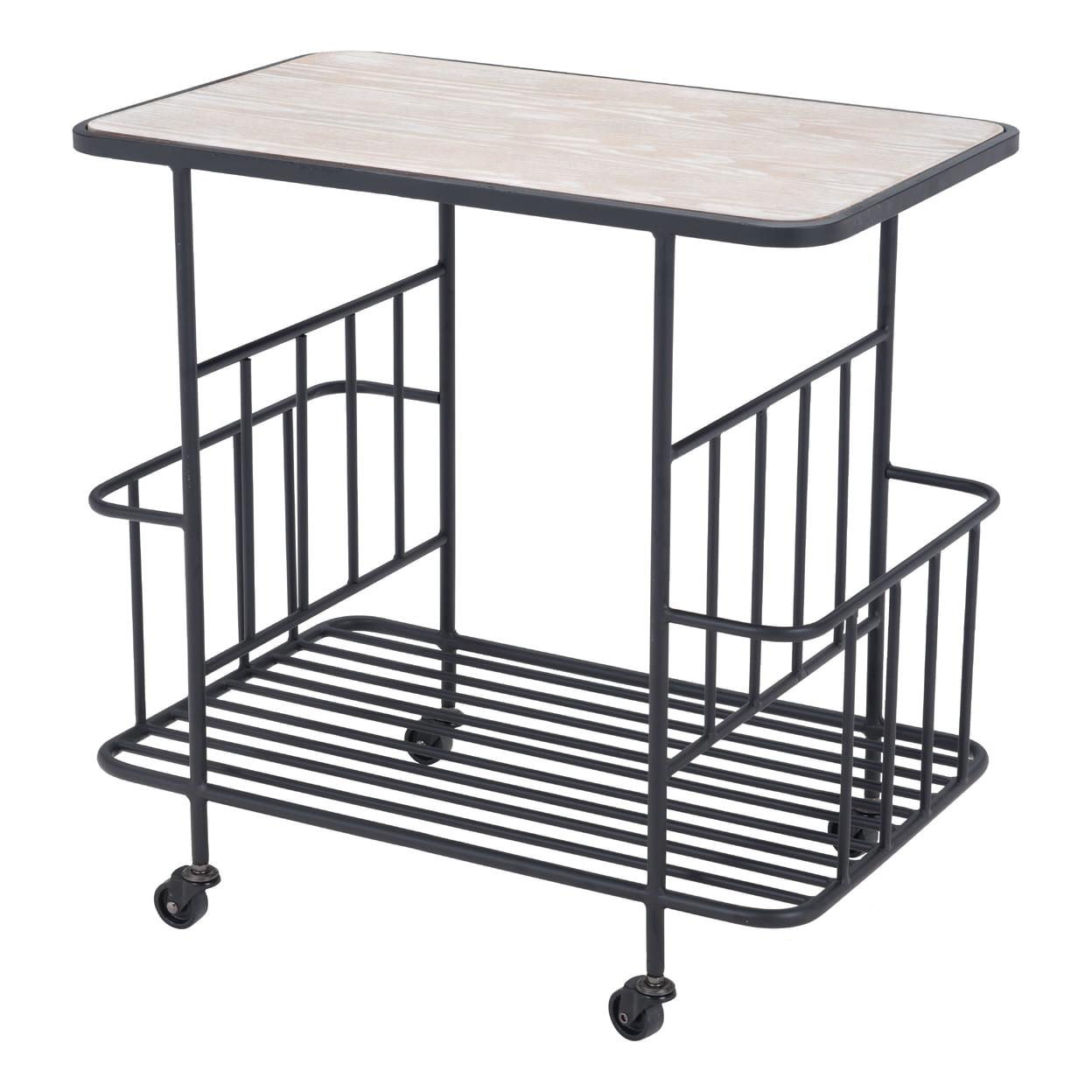 White Washed Wood and Black Steel Bar Cart with Storage