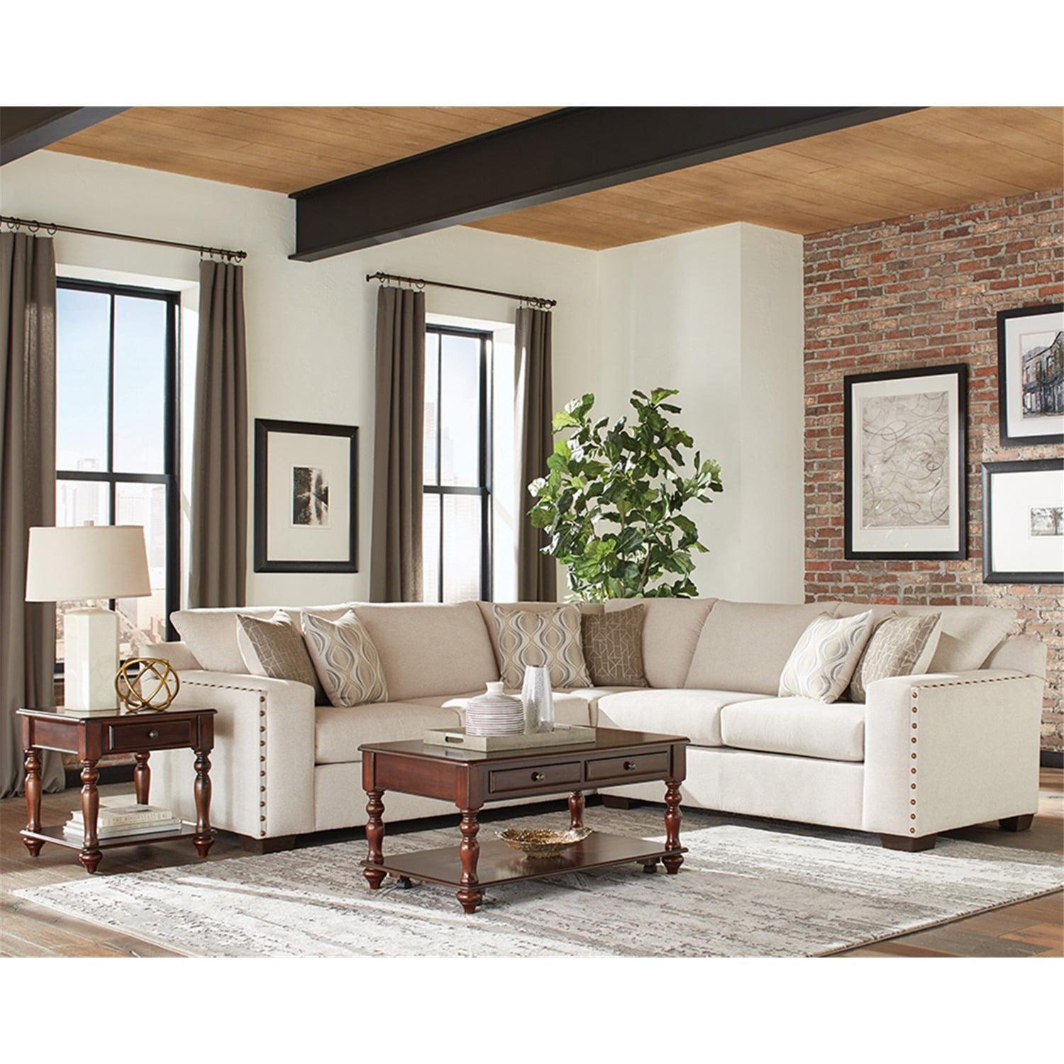 Oatmeal Chenille Two-Piece Sectional with Nailhead Trim