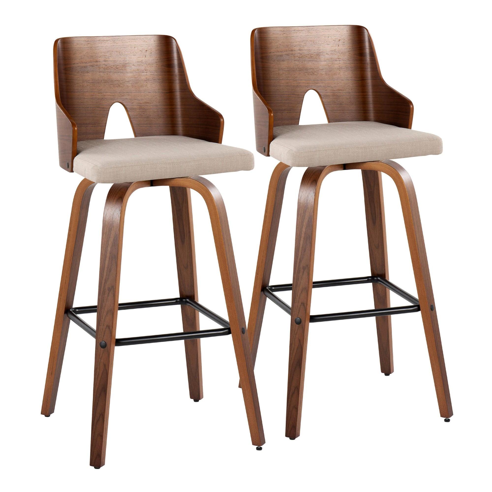 Ariana 30" Walnut Wood and Beige Fabric Swivel Barstools with Black Metal Footrest - Set of 2