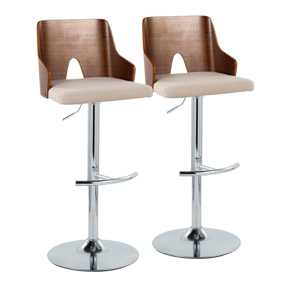 LumiSource Chrome Metal, Walnut Wood, Beige Fabric Ariana Adjustable Barstool - Set of 2